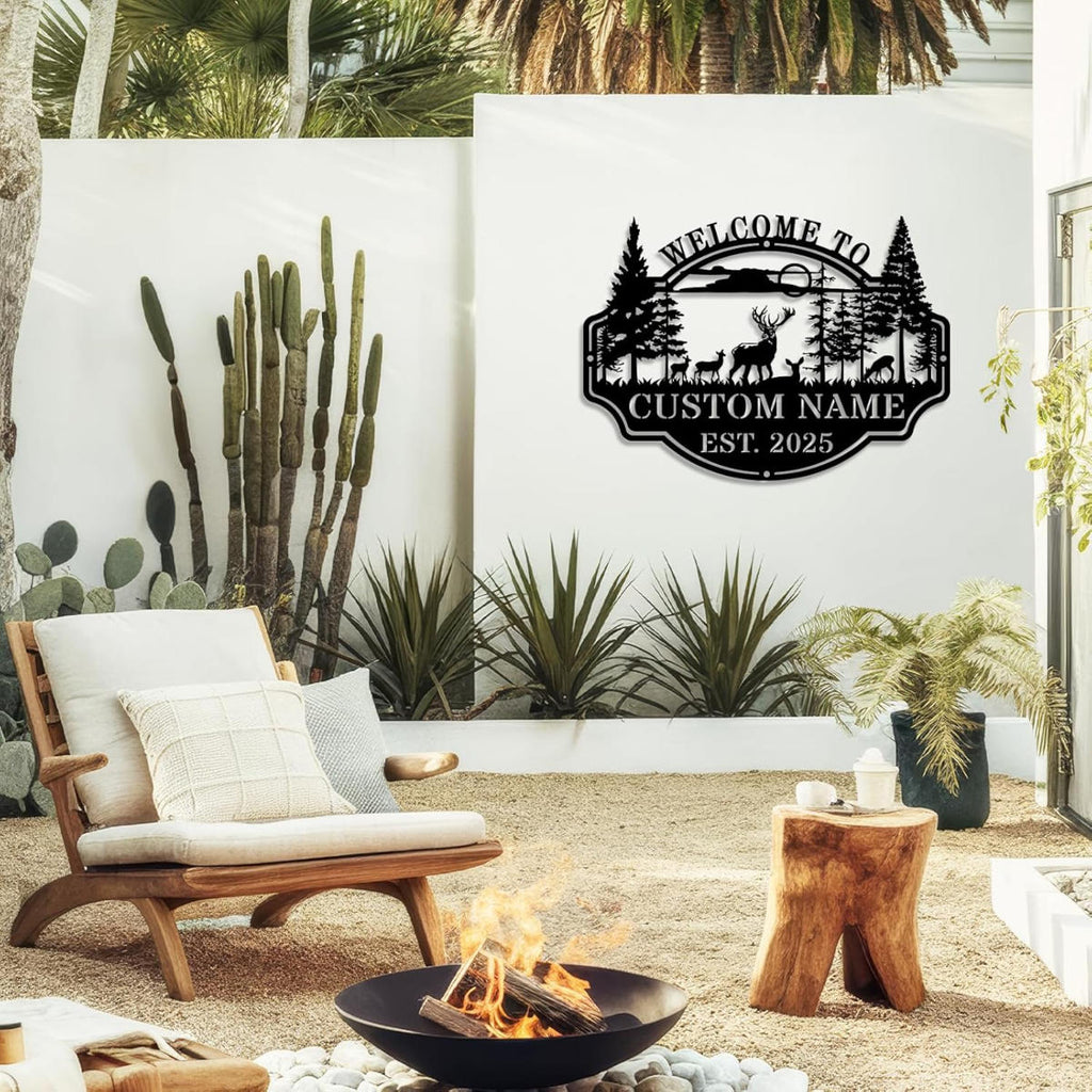 Custom deer forest metal welcome sign with personalized name and established year, featuring wildlife and pine trees in a bold laser-cut steel design