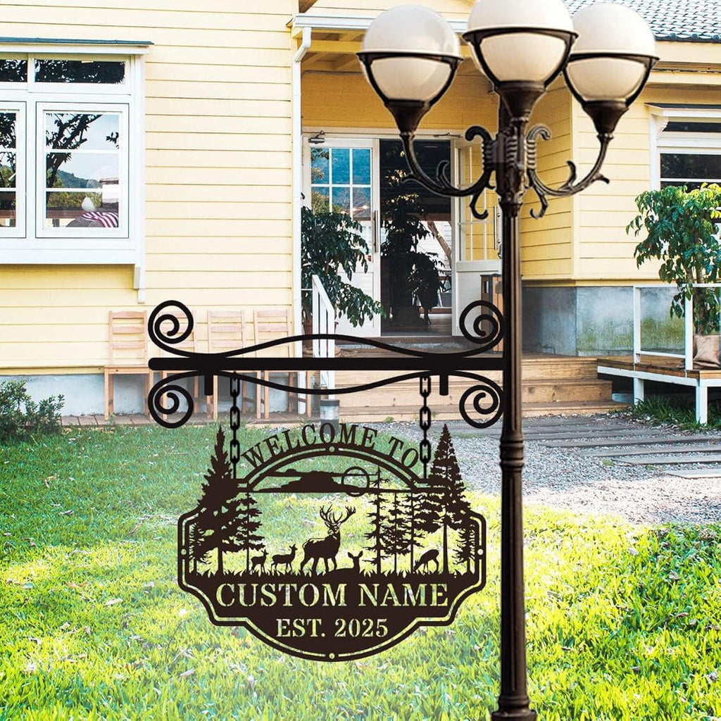Custom deer forest metal welcome sign with personalized name and established year, featuring wildlife and pine trees in a bold laser-cut steel design