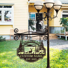 Custom deer forest metal welcome sign with personalized name and established year, featuring wildlife and pine trees in a bold laser-cut steel design