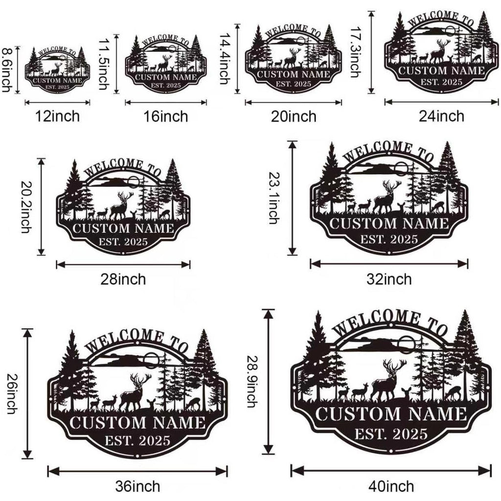 Custom deer forest metal welcome sign with personalized name and established year, featuring wildlife and pine trees in a bold laser-cut steel design