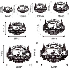 Custom deer forest metal welcome sign with personalized name and established year, featuring wildlife and pine trees in a bold laser-cut steel design