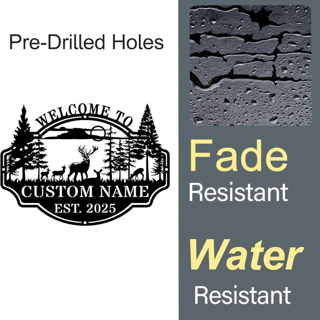 Custom deer forest metal welcome sign with personalized name and established year, featuring wildlife and pine trees in a bold laser-cut steel design