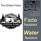 Custom deer forest metal welcome sign with personalized name and established year, featuring wildlife and pine trees in a bold laser-cut steel design