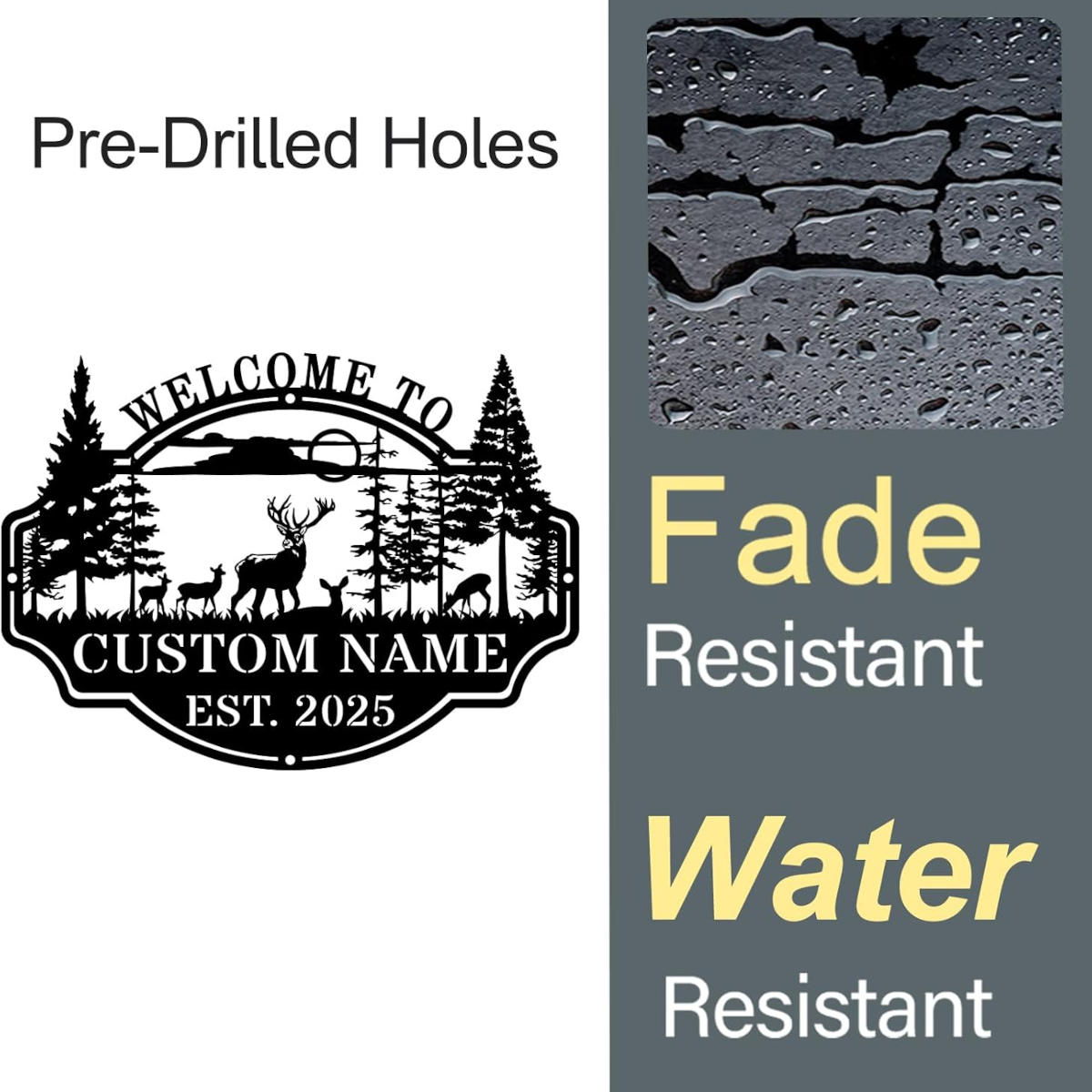 Custom deer forest metal welcome sign with personalized name and established year, featuring wildlife and pine trees in a bold laser-cut steel design