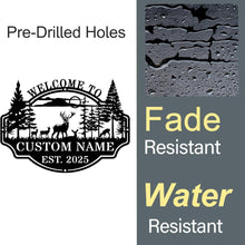 Custom deer forest metal welcome sign with personalized name and established year, featuring wildlife and pine trees in a bold laser-cut steel design