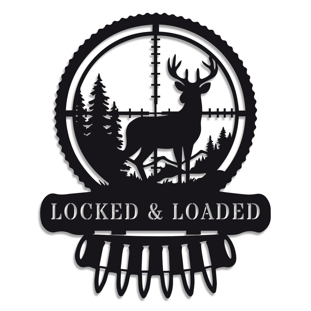 Custom metal deer hunter wall sign featuring buck in scope with bullet detail, powder-coated black steel, perfect for hunting cabin or man cave décor with customizable text.