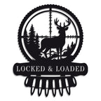 Custom metal deer hunter wall sign featuring buck in scope with bullet detail, powder-coated black steel, perfect for hunting cabin or man cave décor with customizable text.