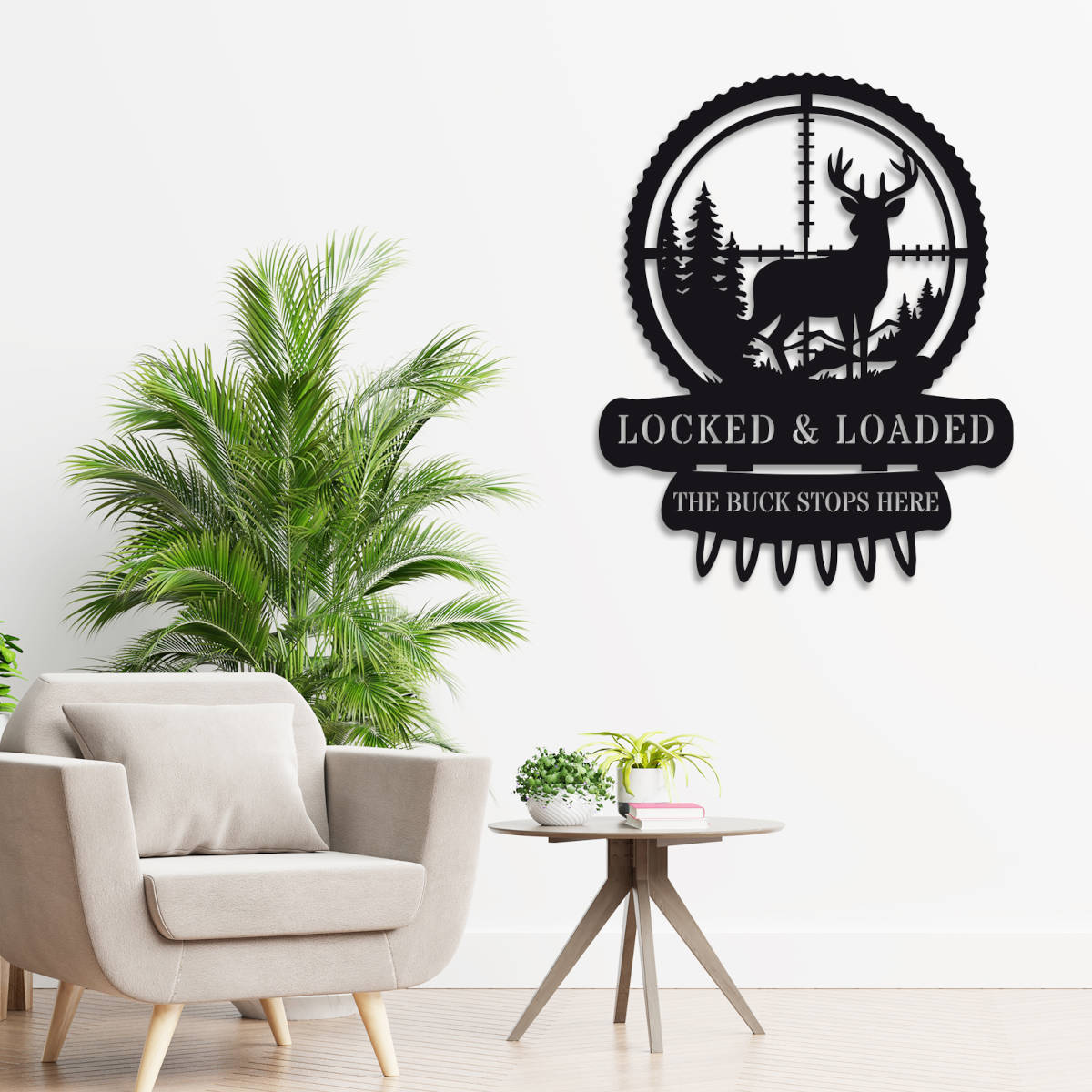 Custom metal deer hunter wall sign featuring buck in scope with bullet detail, powder-coated black steel, perfect for hunting cabin or man cave décor with customizable text.