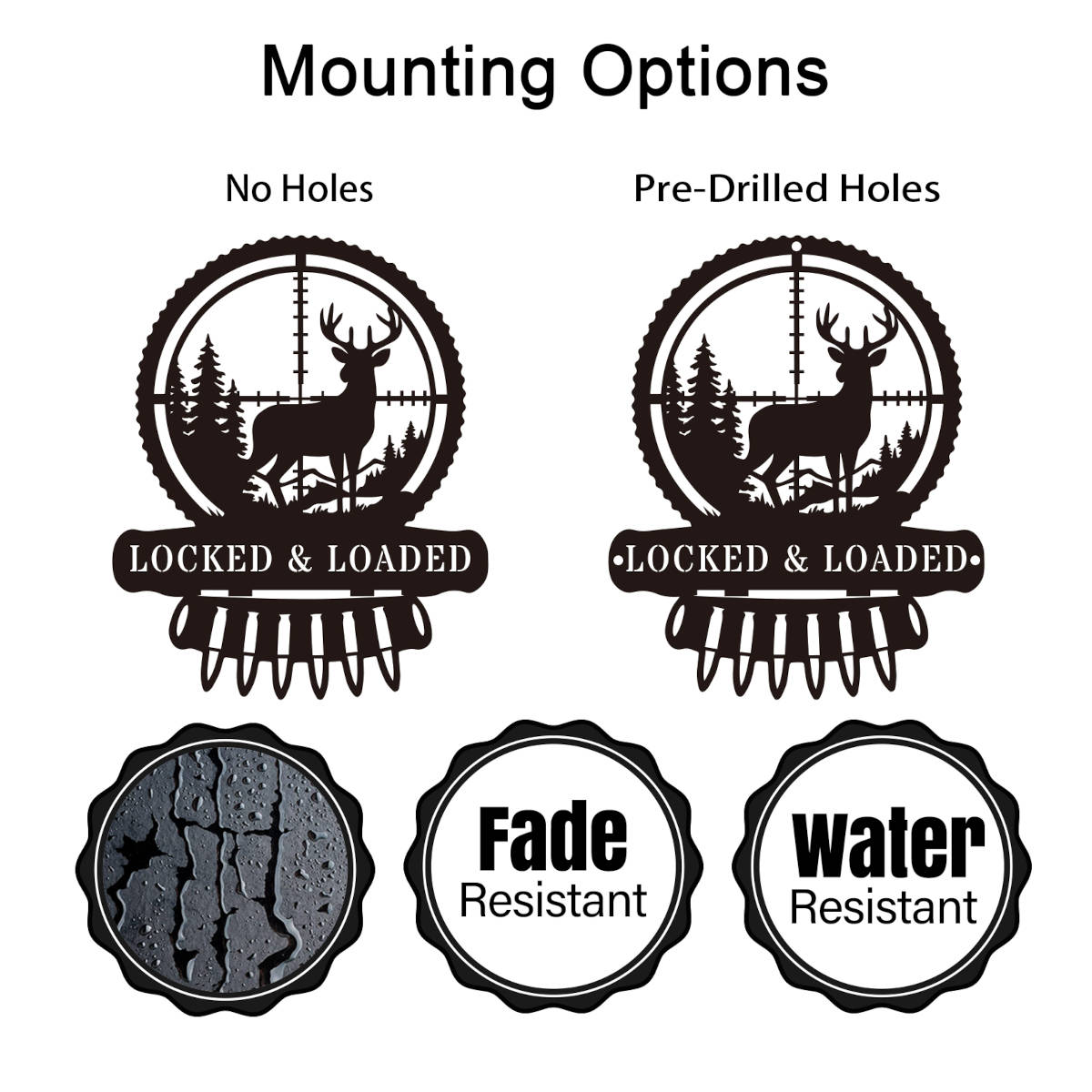 Custom metal deer hunter wall sign featuring buck in scope with bullet detail, powder-coated black steel, perfect for hunting cabin or man cave décor with customizable text.