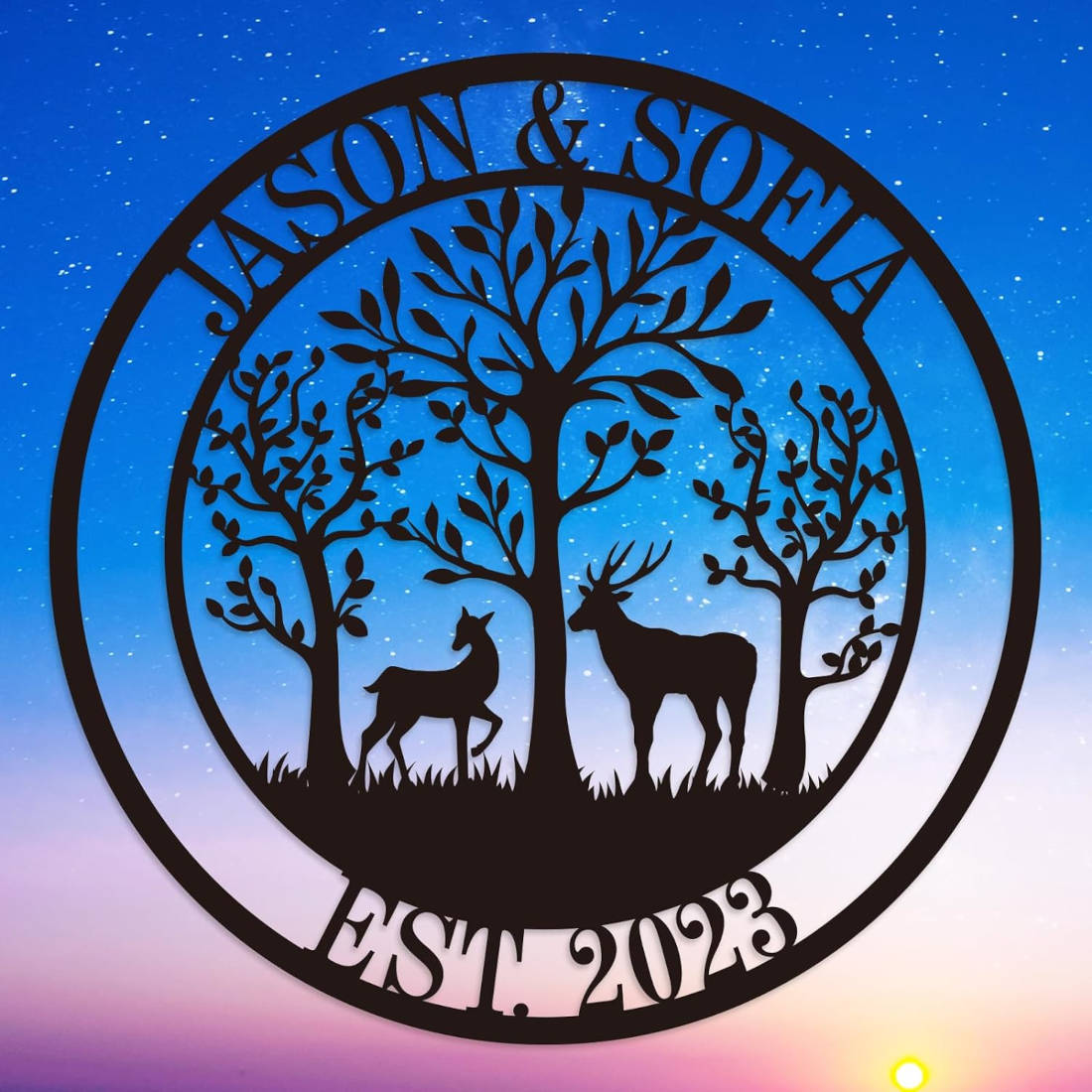 Customizable round black metal sign with a laser-cut design featuring a buck and a doe in a forest of trees. The top text reads "JASON & SOFIA" and the bottom text reads "EST. 2023". Main image
