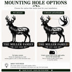 Deer family metal sign mounting options showing no-hole and three-hole versions with one right antler hole and two bottom bar holes.