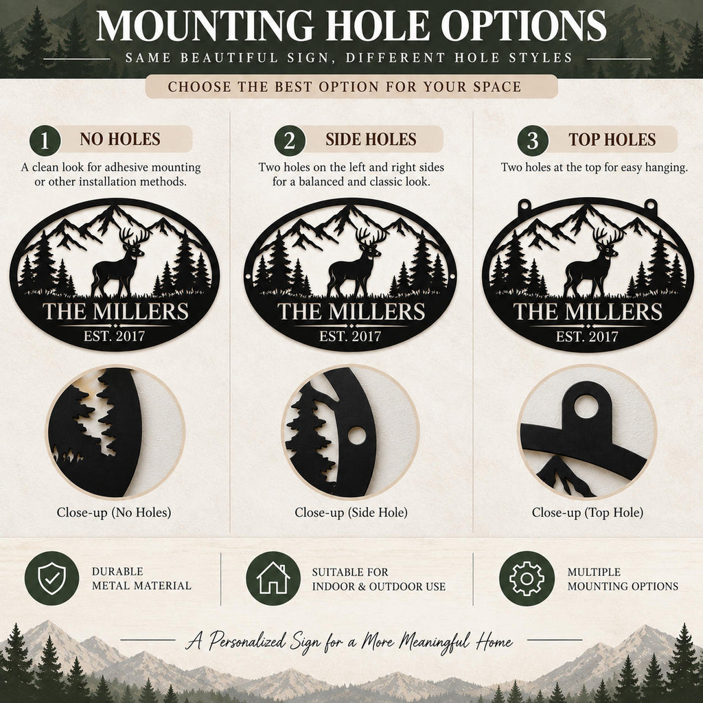 Personalized deer metal sign mounting options showing no holes, side holes, and top hanging holes.