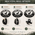 Personalized deer metal sign mounting options showing no holes, side holes, and top hanging holes.