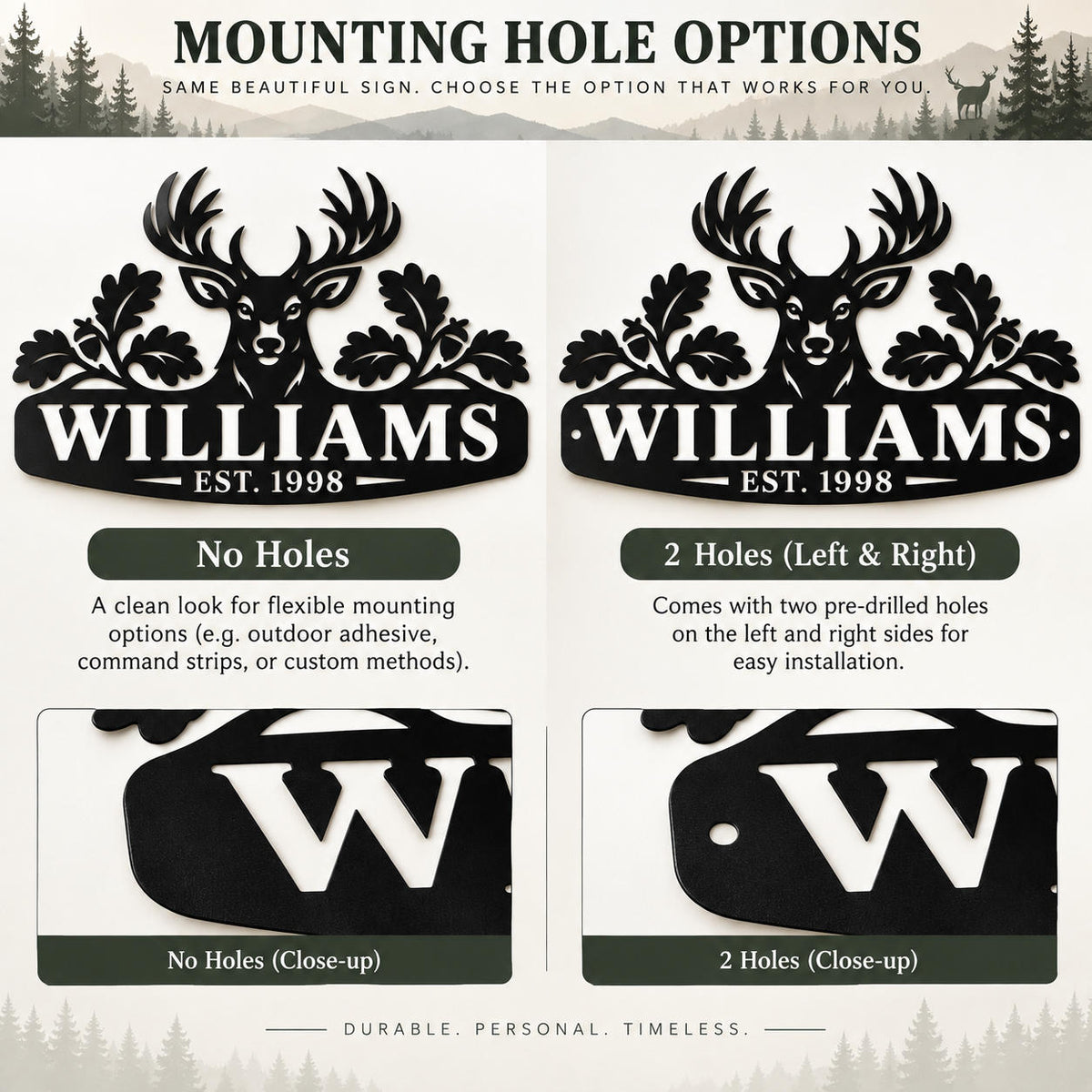 Mounting hole options for a personalized deer metal sign, comparing no holes with two side holes.