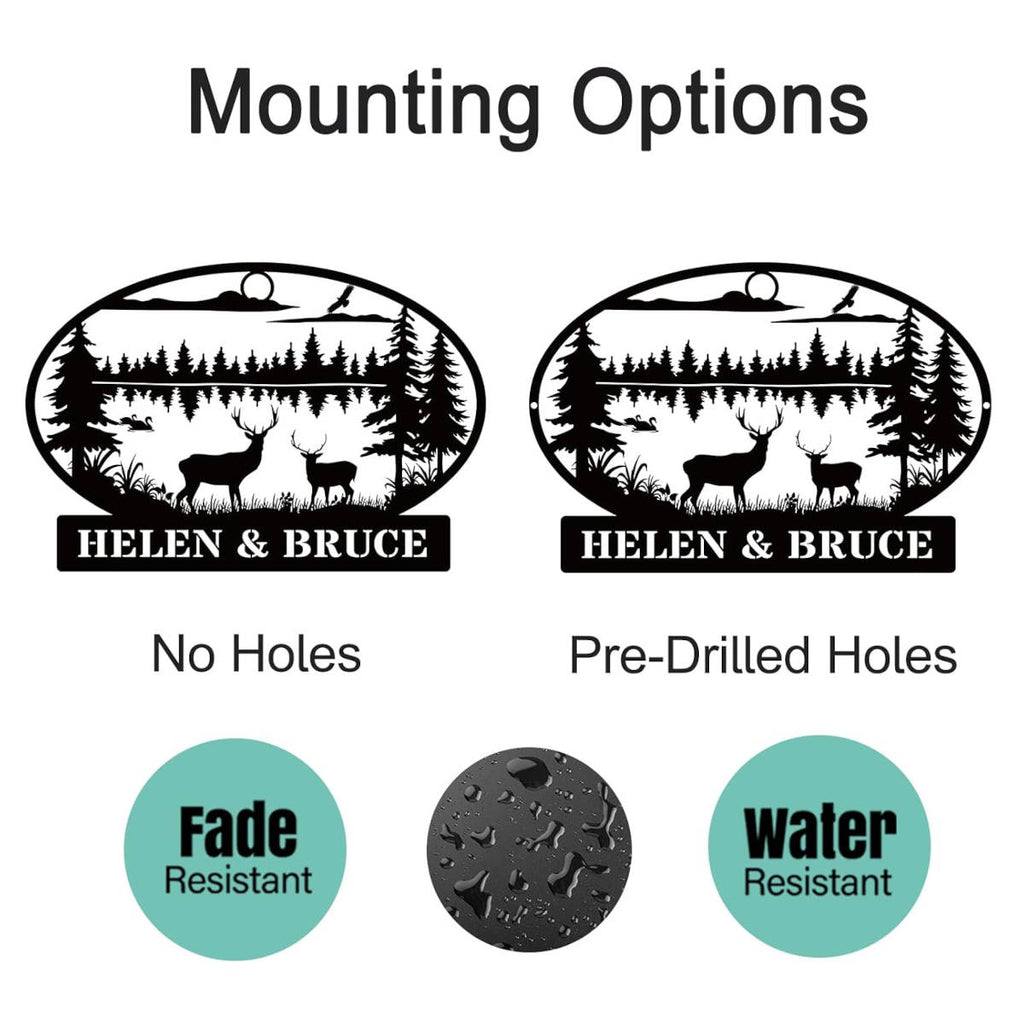 Personalized deer forest metal sign with pine trees, mountain lake, and custom name cut from steel and powder-coated for rustic cabin wall décor.