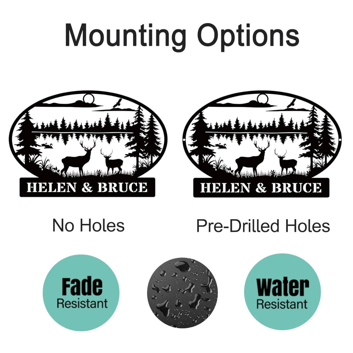 Personalized deer forest metal sign with pine trees, mountain lake, and custom name cut from steel and powder-coated for rustic cabin wall décor.