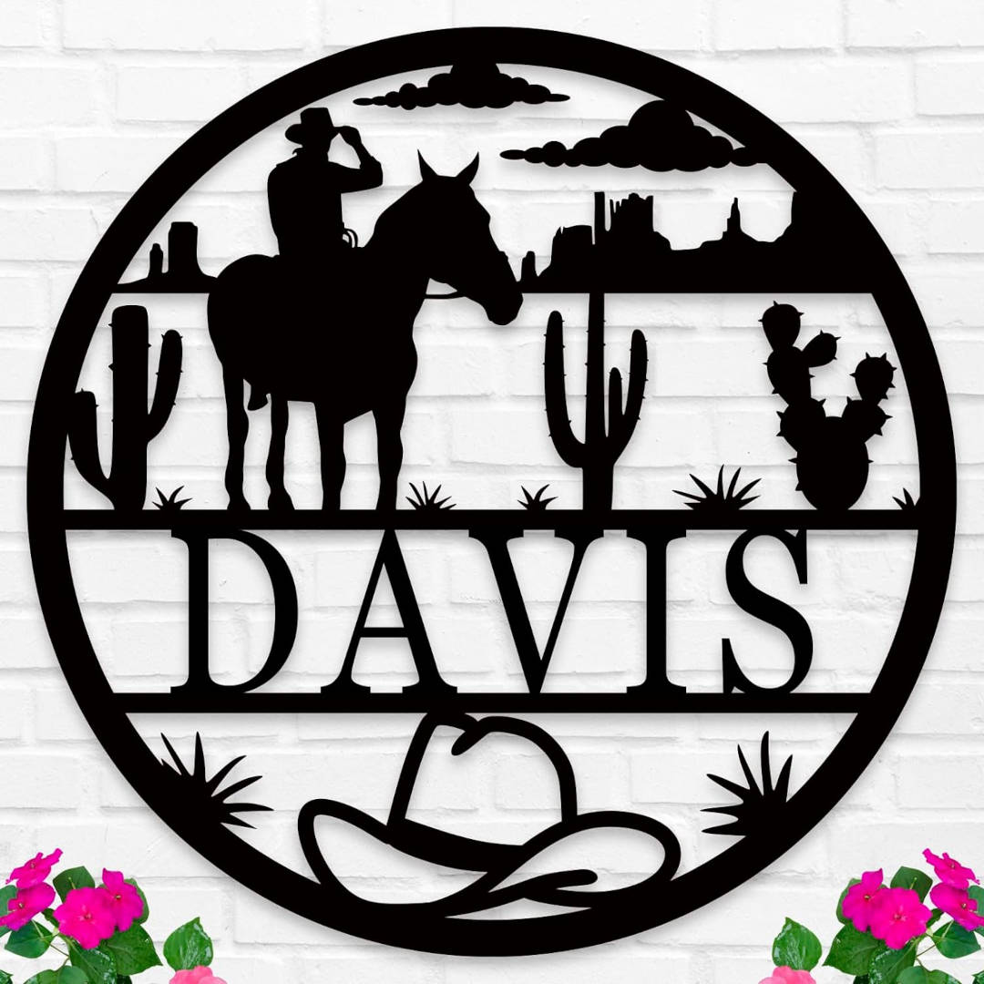 Western-style personalized metal sign featuring a cowboy on horseback, desert landscape, cacti, and custom name, laser-cut from premium powder-coated steel for indoor or outdoor display. Main image