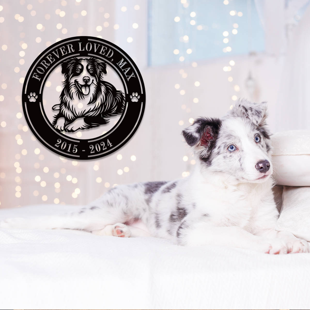 Custom dog metal sign with “Cuddles, Chaos & Chew Toys” and “Life Is Good” engraved, featuring a happy dog design, laser-cut from powder-coated steel for wall decor.