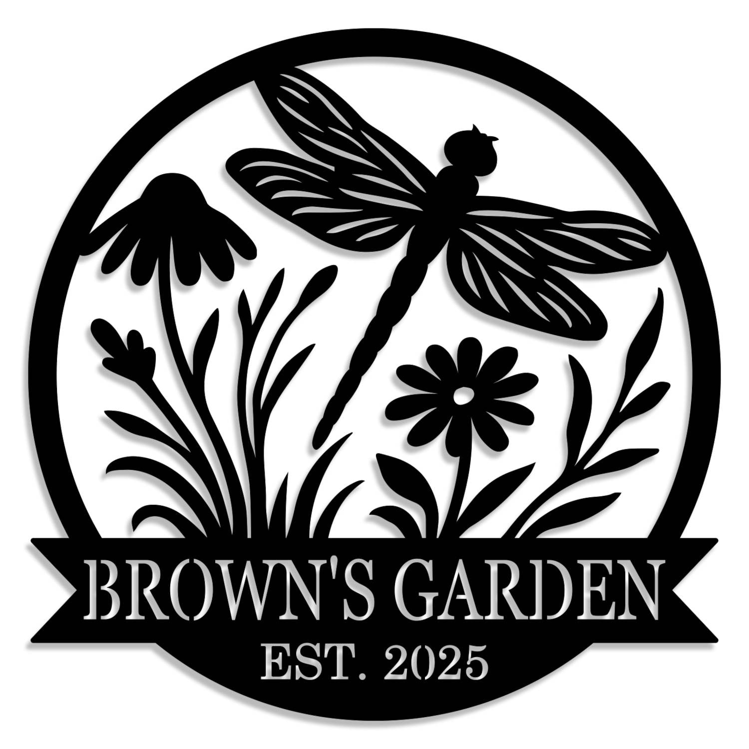 Custom round metal garden sign with dragonfly and flower design, featuring the text 'Brown's Garden Est. 2025'
 Main image