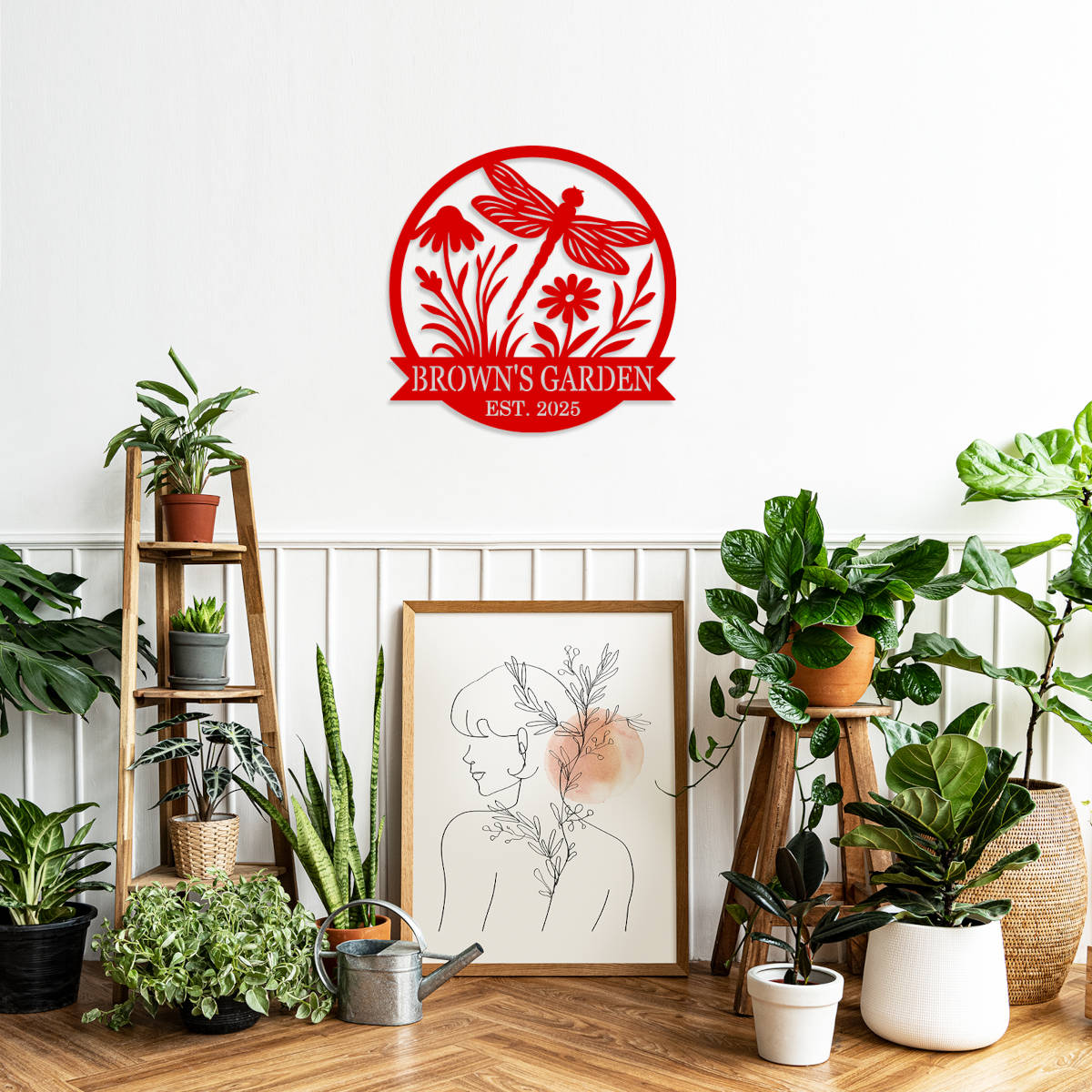 Custom round metal garden sign with dragonfly and flower design, featuring the text 'Brown's Garden Est. 2025'
