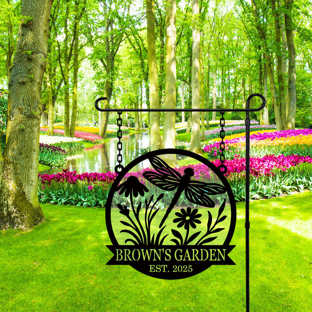 Custom round metal garden sign with dragonfly and flower design, featuring the text 'Brown's Garden Est. 2025'

