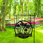 Custom round metal garden sign with dragonfly and flower design, featuring the text 'Brown's Garden Est. 2025'

