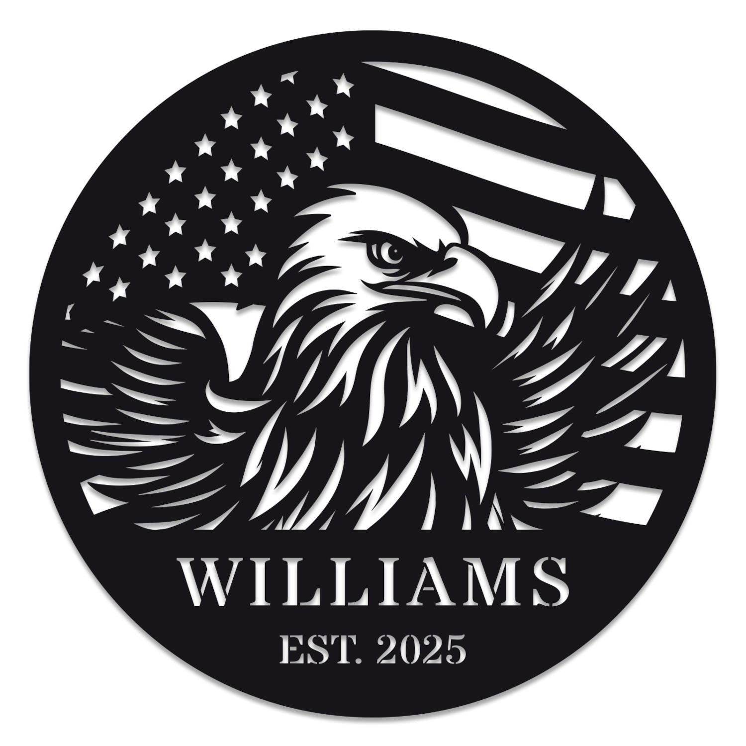 Custom eagle and American flag metal sign, personalized steel wall décor with laser-cut design, powder-coated finish, and custom text option for home, patio, or patriotic gift. Main image