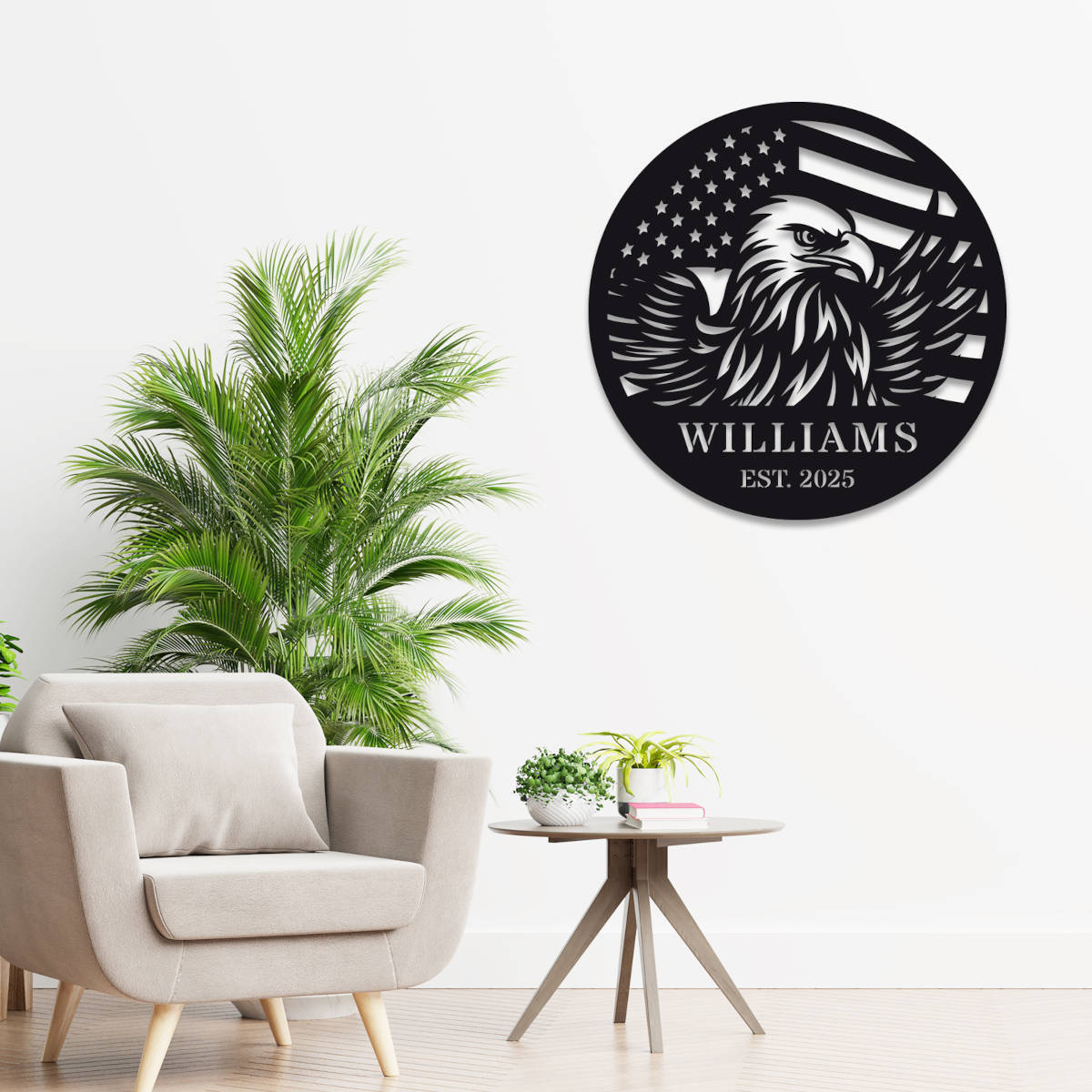 Custom eagle and American flag metal sign, personalized steel wall décor with laser-cut design, powder-coated finish, and custom text option for home, patio, or patriotic gift.