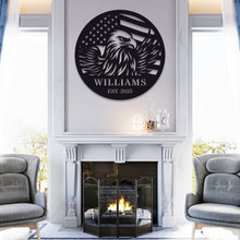 Custom eagle and American flag metal sign, personalized steel wall décor with laser-cut design, powder-coated finish, and custom text option for home, patio, or patriotic gift.