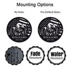 Custom eagle and American flag metal sign, personalized steel wall décor with laser-cut design, powder-coated finish, and custom text option for home, patio, or patriotic gift.