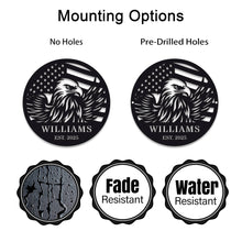 Custom eagle and American flag metal sign, personalized steel wall décor with laser-cut design, powder-coated finish, and custom text option for home, patio, or patriotic gift.