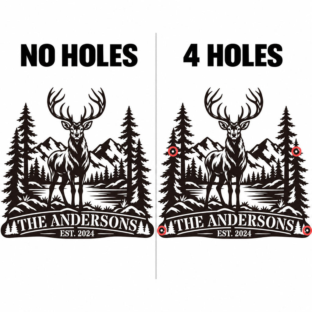 Comparison of personalized elk metal signs with no mounting holes and four pre-drilled mounting holes.