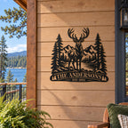 Personalized elk mountain metal sign mounted on the exterior wall of a lakeside cabin.