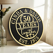 Engraved round wood anniversary plaque made from pine, CNC carved with names, dates, and embossed lettering, personalized wooden wall décor for weddings, anniversaries, and family celebrations.