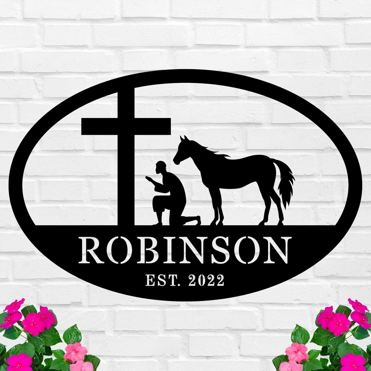 Custom Faith and Horse Metal Sign with Cross and Praying Man, Personalized Steel Wall Art for Farmhouse or Barn Décor Main image