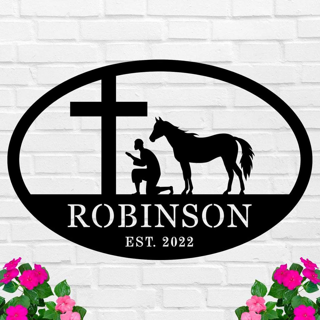 Custom Faith and Horse Metal Sign with Cross and Praying Man, Personalized Steel Wall Art for Farmhouse or Barn Décor