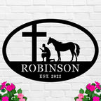 Custom Faith and Horse Metal Sign with Cross and Praying Man, Personalized Steel Wall Art for Farmhouse or Barn Décor
