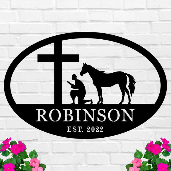 Custom Faith and Horse Metal Sign with Cross and Praying Man, Personalized Steel Wall Art for Farmhouse or Barn Décor