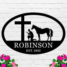 Custom Faith and Horse Metal Sign with Cross and Praying Man, Personalized Steel Wall Art for Farmhouse or Barn Décor