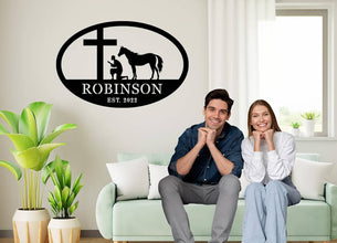 Custom Faith and Horse Metal Sign with Cross and Praying Man, Personalized Steel Wall Art for Farmhouse or Barn Décor