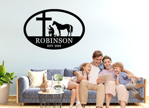 Custom Faith and Horse Metal Sign with Cross and Praying Man, Personalized Steel Wall Art for Farmhouse or Barn Décor