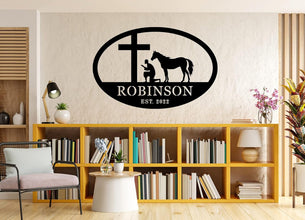 Custom Faith and Horse Metal Sign with Cross and Praying Man, Personalized Steel Wall Art for Farmhouse or Barn Décor
