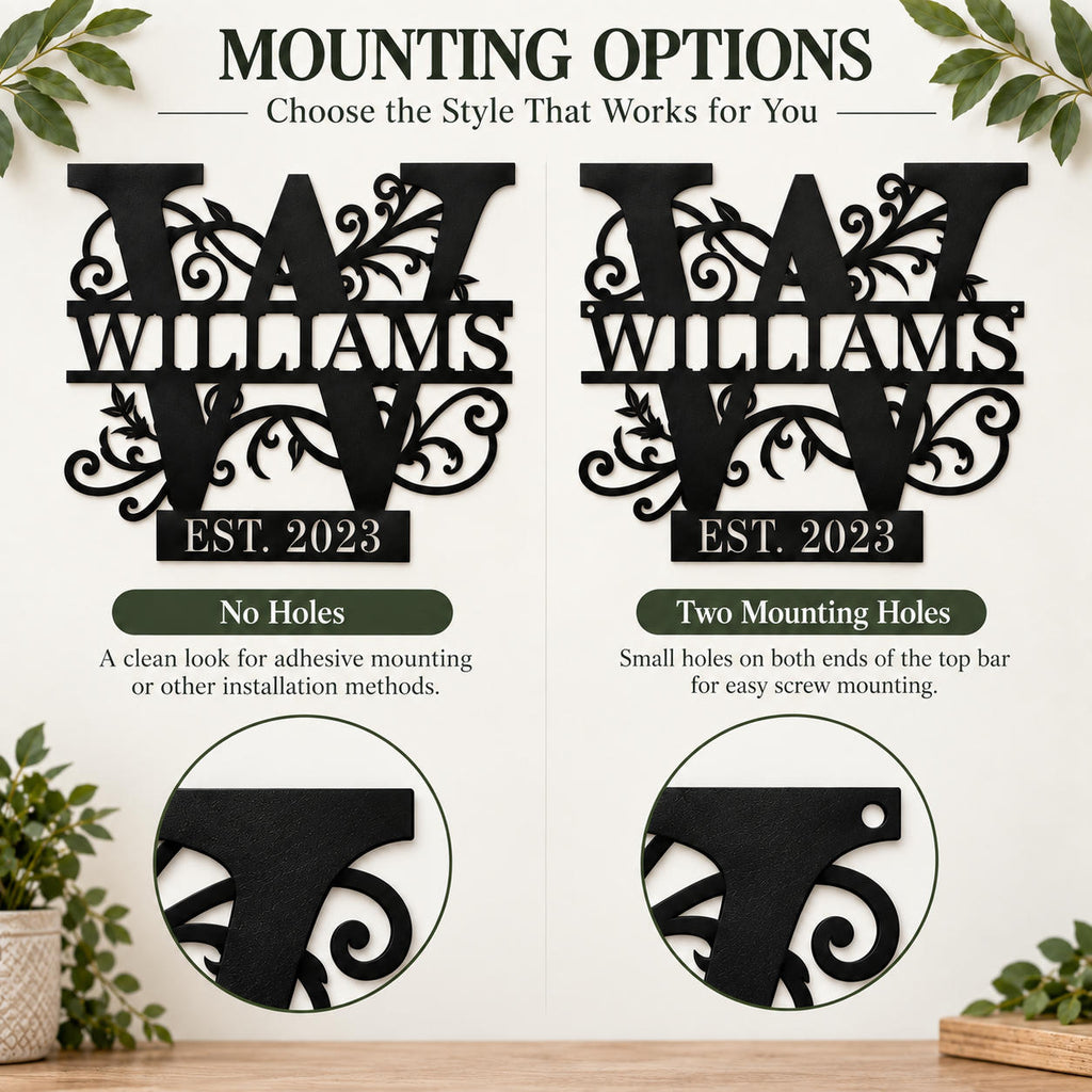 Comparison of no-hole and two-hole mounting options for a personalized family monogram metal sign.