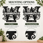 Comparison of no-hole and two-hole mounting options for a personalized family monogram metal sign.