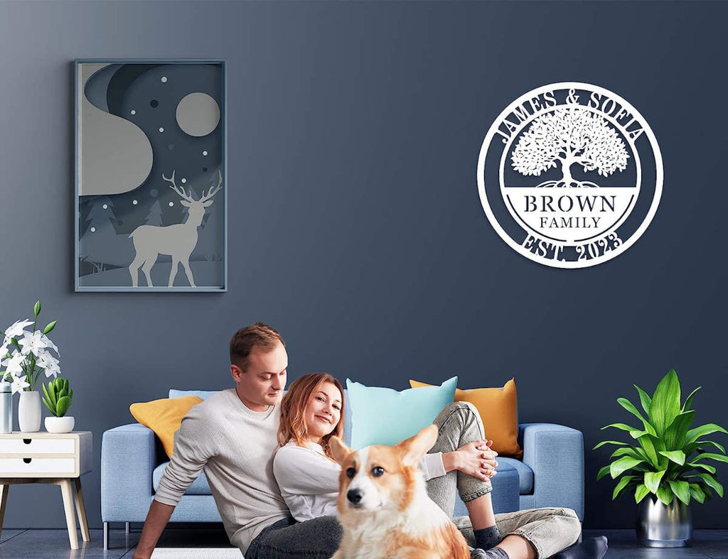 Custom metal family tree sign with names and date laser-cut into black powder-coated steel for personalized home décor.