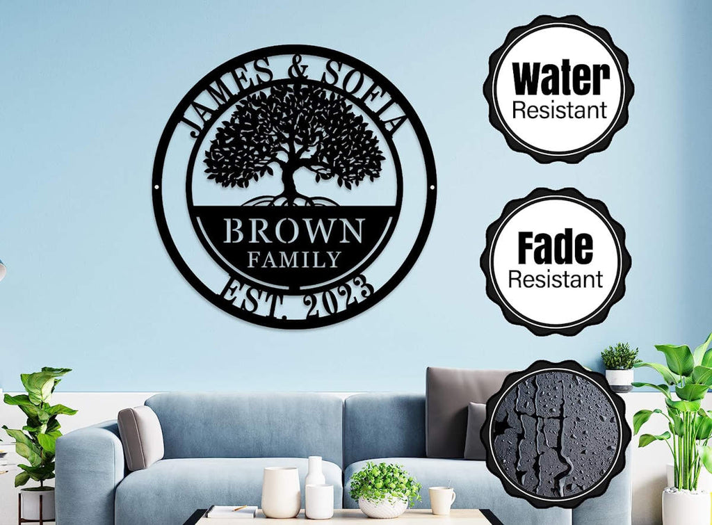 Custom metal family tree sign with names and date laser-cut into black powder-coated steel for personalized home décor.