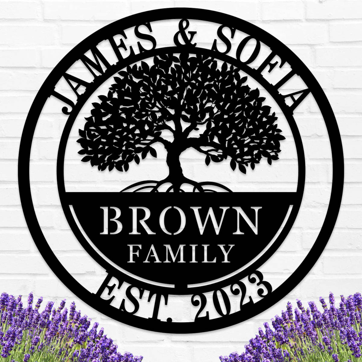 Custom metal family tree sign with names and date laser-cut into black powder-coated steel for personalized home décor. Main image