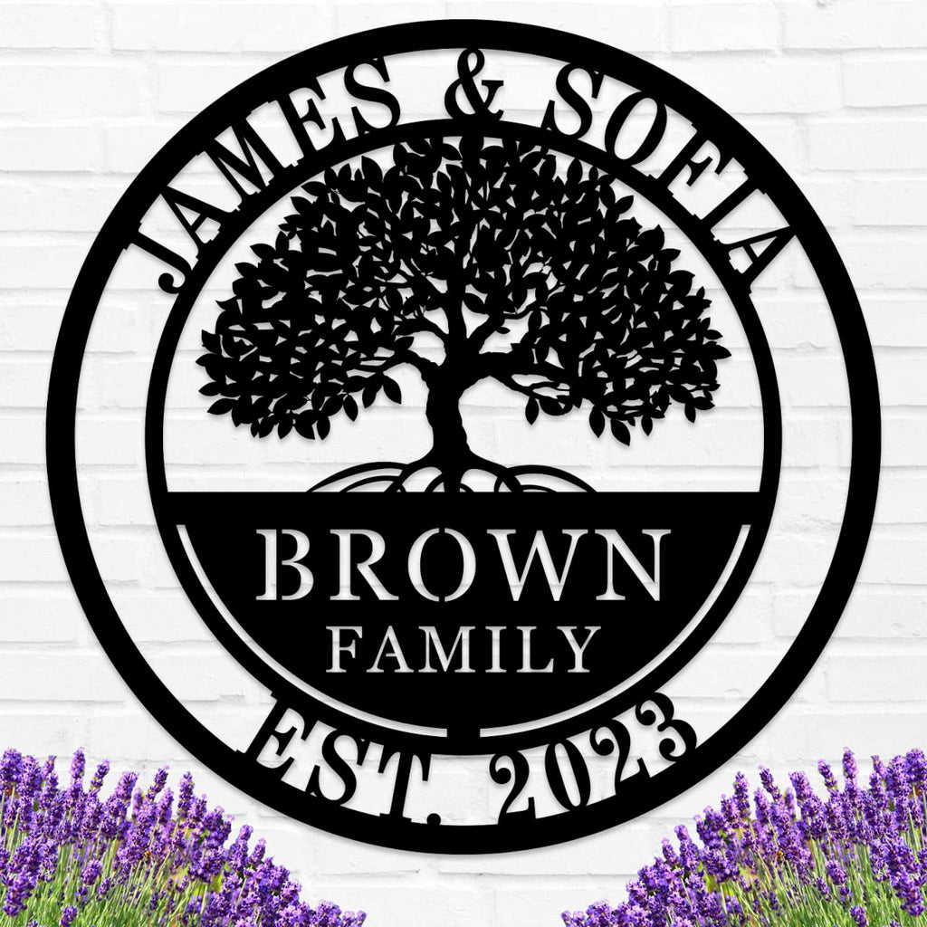Custom metal family tree sign with names and date laser-cut into black powder-coated steel for personalized home décor.