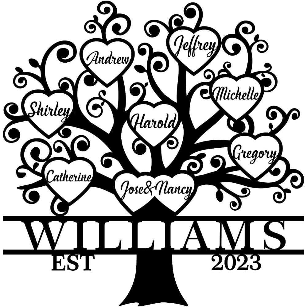 A custom metal family tree sign with heart shapes representing individual family members and the surname 'WILLIAMS' with the establishment year '2023' at the bottom.