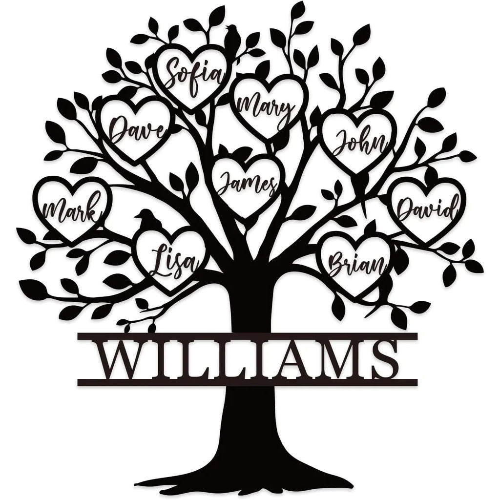 A black metal sign with a tree design and personalized text in the form of heart-shaped leaves and the family name at the base.
